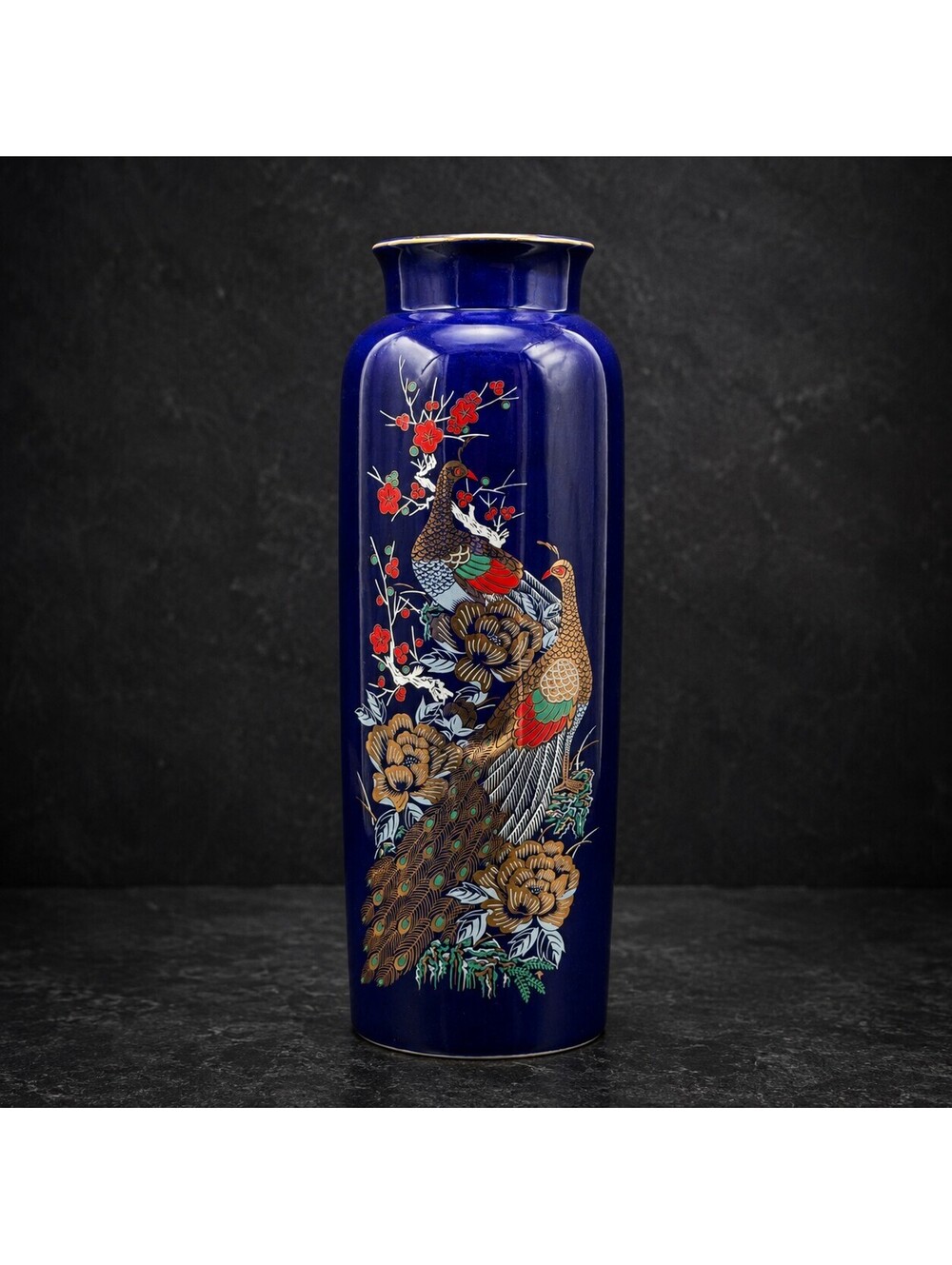 Vintage Imperial Interpur Japan Cobalt Blue Peacock Vase 11" - 22k Gold Trim